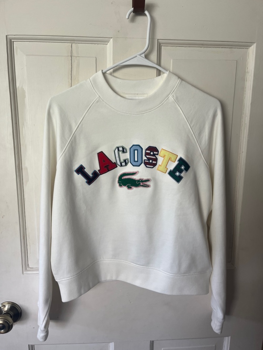 Lacoste White Crew Sweatshirt with Multicolor Lettering